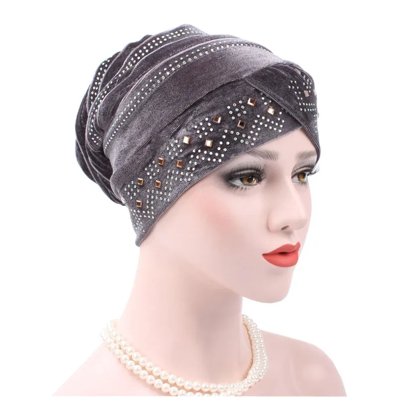 2020 Новый женский хиджаб большие стразы бархатная тюрбан голова Кепка шапка бини