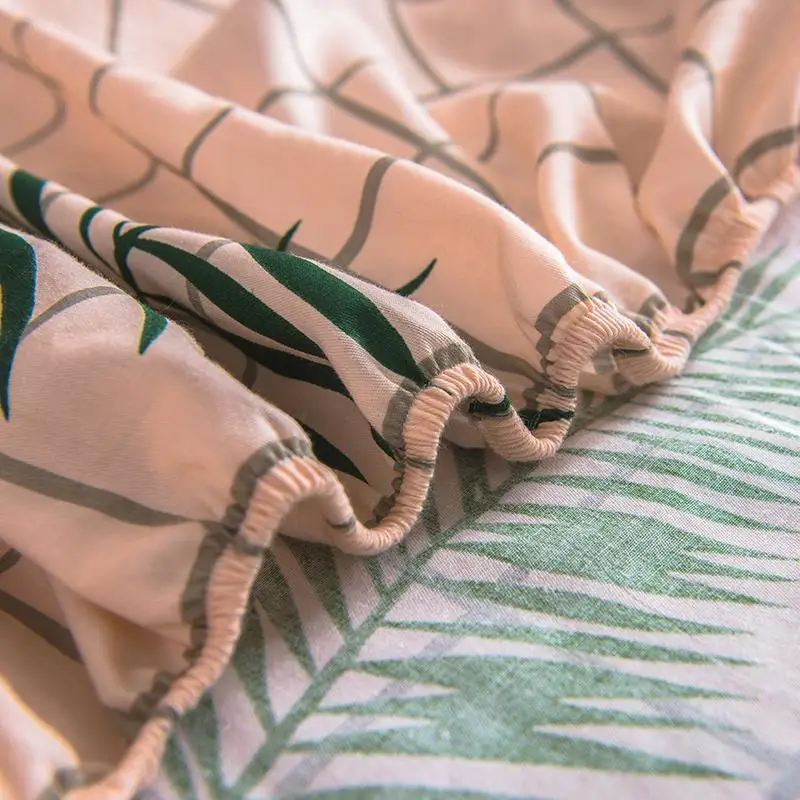 

Pink Green Leaves Bed Sheets Plant Print Fitted Sheet Summer Bedclothes Elastic Band twin queen Mattress Cover plaid pillowcase
