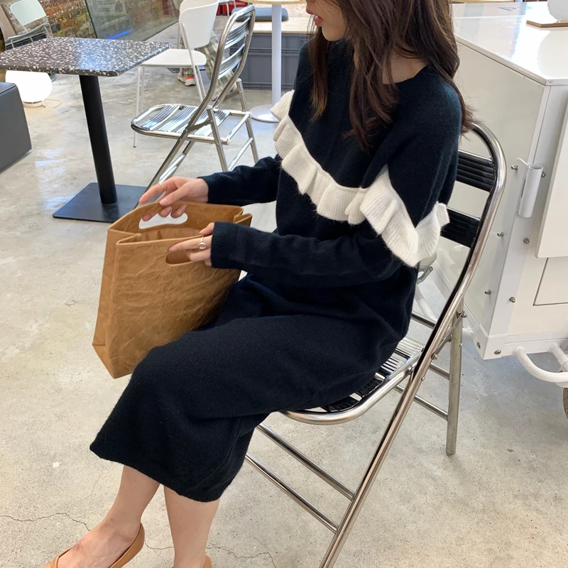 

Winter Women Dresses Long Sleeve O Neck Casual Loose Knitted Dress Fashion Streetwear Black Warm Long Sweater Dress Robe Femme