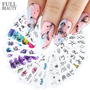 Черные наклейки для ногтей, 14 шт., слайдер, цветок, бабочка, 