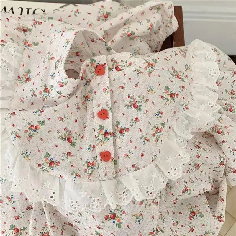 

QWEEK Korean Home Wear Cotton Set Woman 2 Pieces Floral Print Pajamas for Girls Cute Lace Pyjamas Red Love Buttons Sleepwear