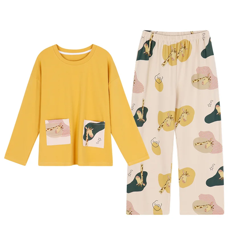 

BZEL Two Pockets Top Pajamas Set Cartoon Printed Pyjamas Round Neck Women's Pijama Sweet 100% Cotton Sleepwear Loose Soft Nighty