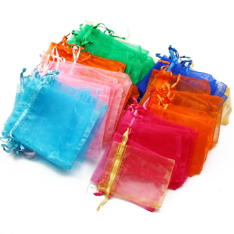 

50pcs/lot Adjustable Organza Bags Drawstring Jewelry Packaging Favors Cake Pouches Candy Wedding Packing Present Pouches 4Size