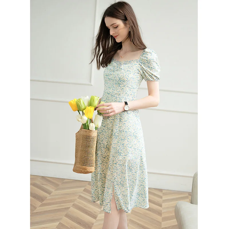 

2021 Summer Elegant Temperament Squar Collar Short Sleeves Floral Daisy Printing Pastoral Style Fresh Chiffon Dress Women