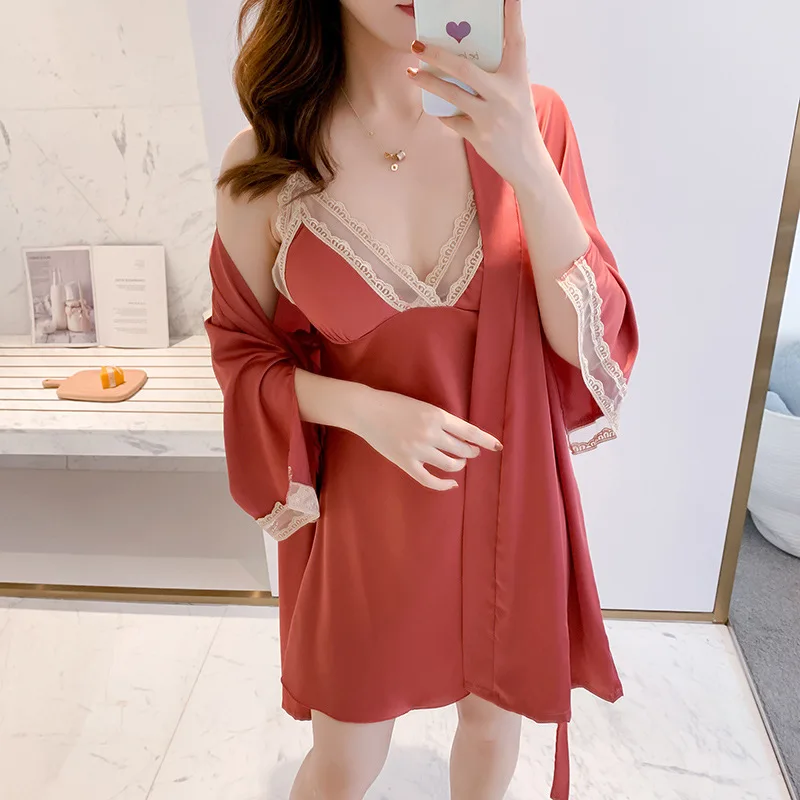 

Orange Sweet Lace Trim Kimono Robe Gown Set Lady Sexy V-Neck Backless Nightgown Faux Silk Home Wear Spring New Casual Sleepwear
