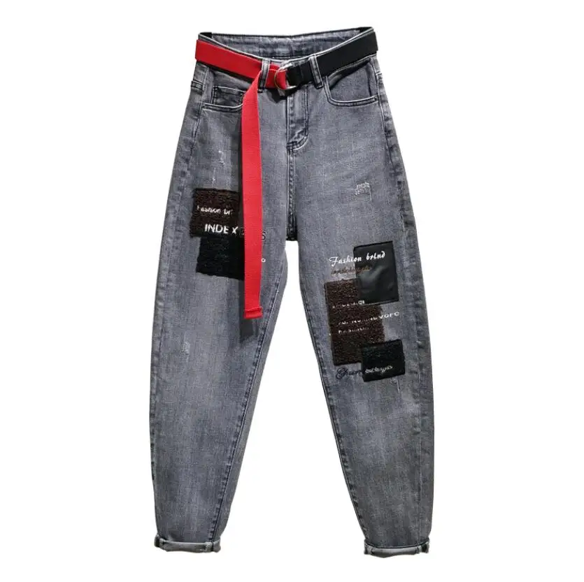 Новинка весна-осень женские свободные тонкие брюки с вышивкой серые джинсы