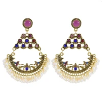 vintage gypsy ethnic golden metal carved imitation pearl beaded tassel drop earrings for women india jhumka earrings jewelry