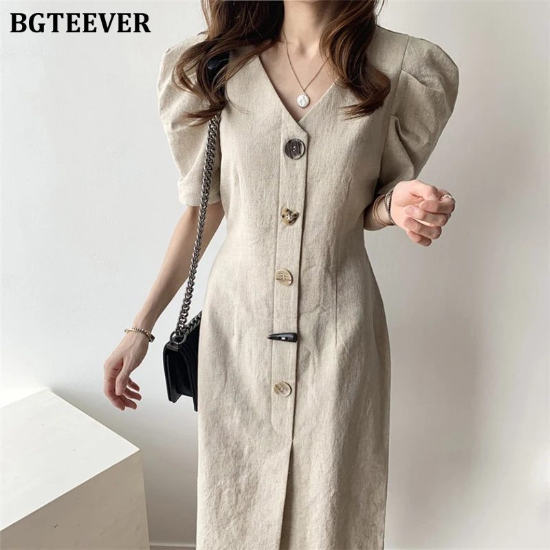 Женское хлопковое и льняное платье BGTEEVER летнее однобортное с пышными рукавами
