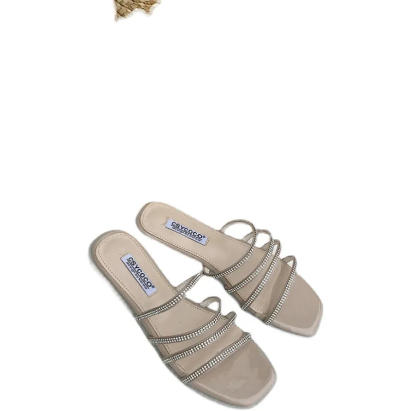 

Female Shoes Square Toe Low Slippers Soft Glitter Slides Fashion Shallow 2021 Comfort Jelly Luxury Flat Hoof Heels Basic Fabric