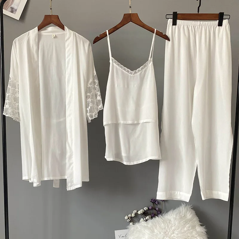 

Kimono Bath Robe Gown&Nighty&Pants V-neck Female Pajamas-Sets Women Satin Sexy Nightwear Casual 3PCS Sleep Suit Home Clothing
