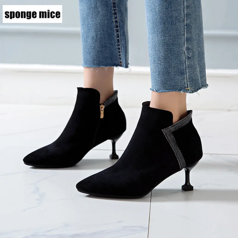 New Autumn Pointed booties female high heels Pumps women's boots stiletto slim Martin black leather N667 | Обувь