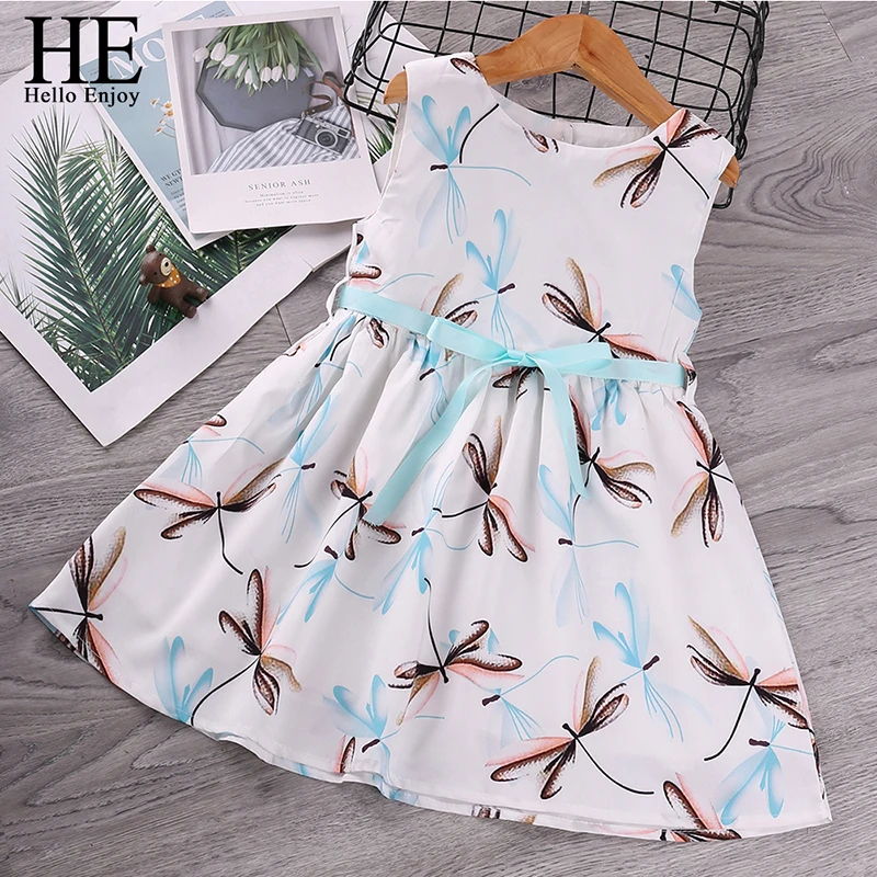 

HE Hello Enjoy Girl Dresses Kids Clothes 2020 Summer White Sleeveless Printed Bow Casual Dress Infantil Clothing Costumes 2 6 8