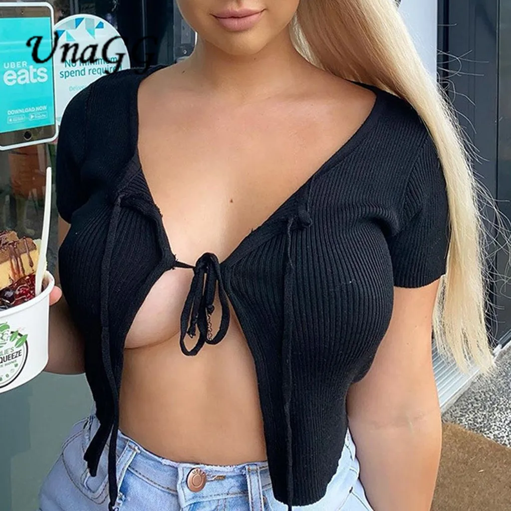 

UnaGG Summer Women Knotted Tie Front Bolero Shrug Crop Tops Knitted Cardigan Black Soft Sweater Tops Camis #1211