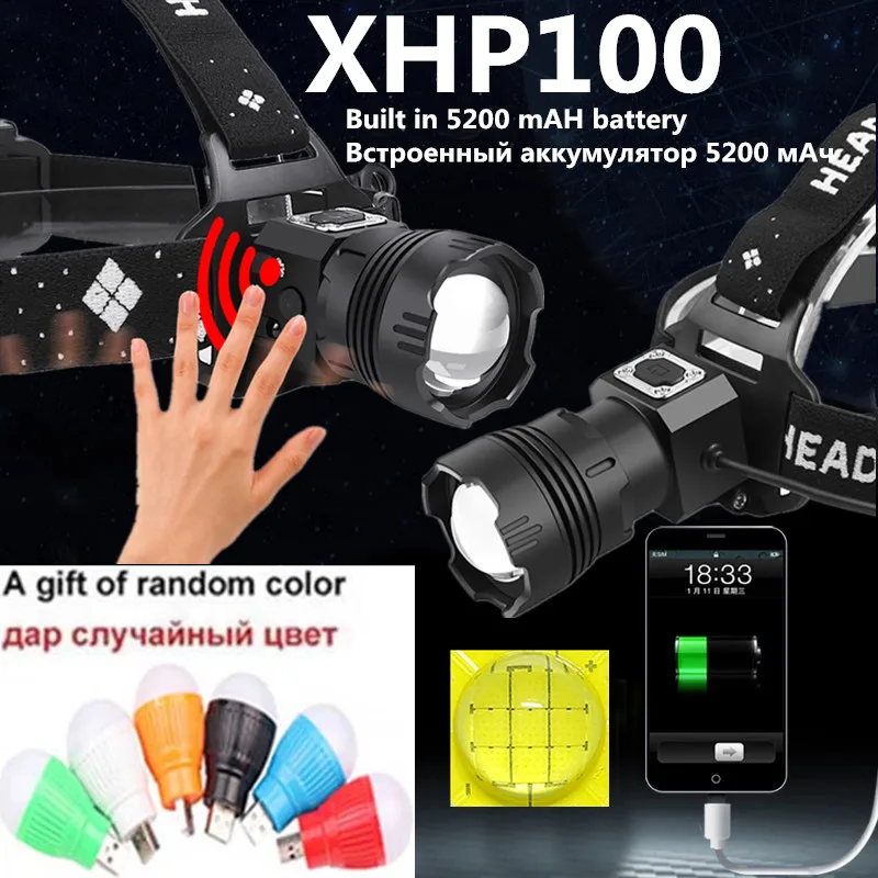 Светодиодный налобный фонарь XHP100 встроенный аккумулятор лм 9 ядер с датчиком
