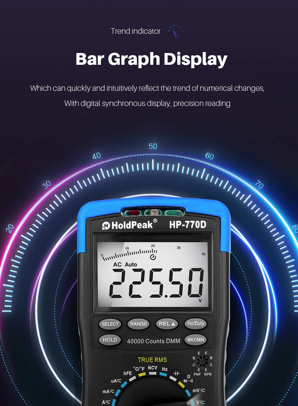 

HoldPeak Digital Multimeter HP-770D High-Accuracy Auto Range True RMS 40000 Counts NCV AC DC Voltage Current Ohm Tester csv