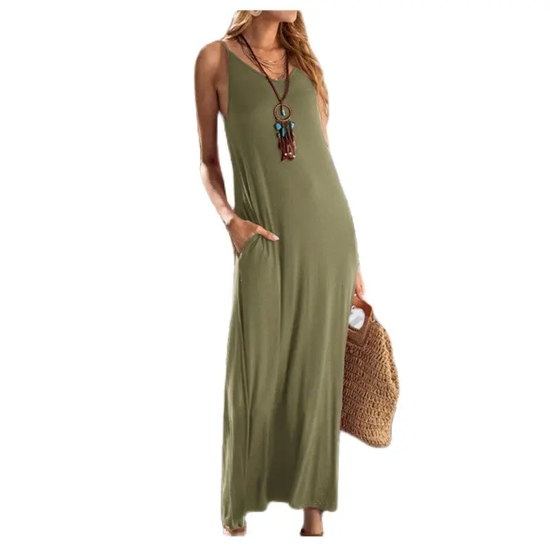 

2021 Summer Dress Long Women Solid Spaghetti Strap Pocket Loose Maxi Dress Women Clothing Casual Dresses