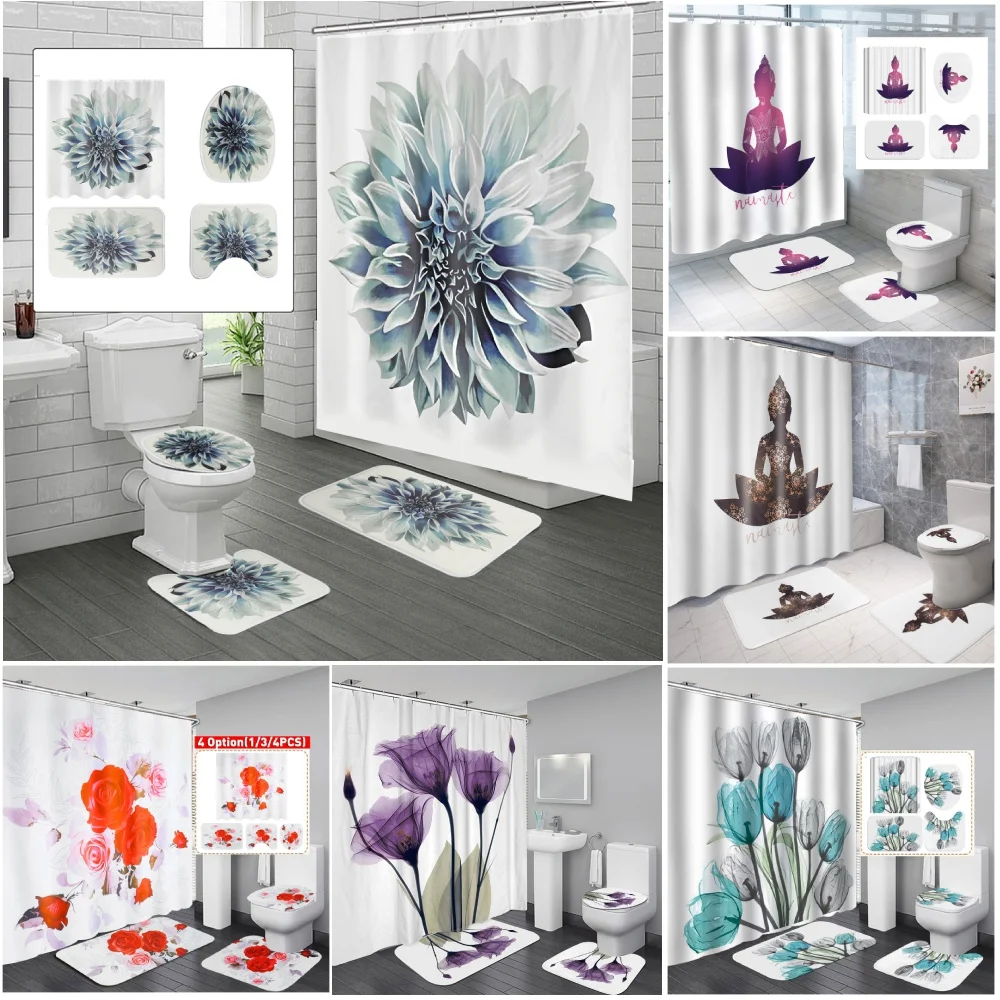 

4 шт./компл. занавеска для душа с цветами, занавеска для ванной s, водонепроницаемое нескользящее покрытие для сиденья унитаза, ковер, экран д...