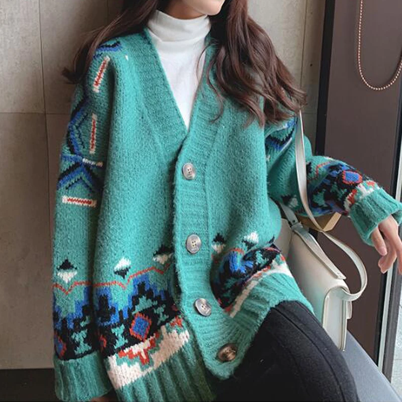 Женский свитер в этническом стиле Hirsionsan Свободный Вязаный Кардиган большого