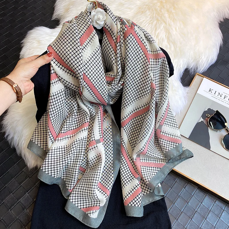 

Women Autumn Cotton Viscose Shawl Geometric Plaid Striped Long Pashmina Stole Wrap Snood Bufandas Muslim Hijab Sjaal 180*90Cm