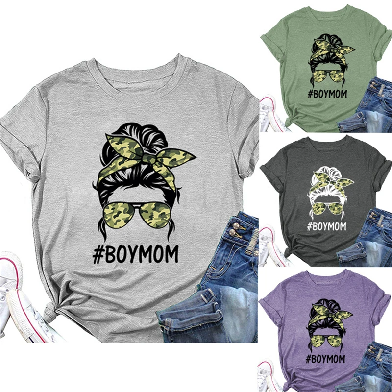 

Summer women's short-sleeved shirt Casual mother BOYMOM camouflage printed letters Large size T-shirt cotton bottoming shirt