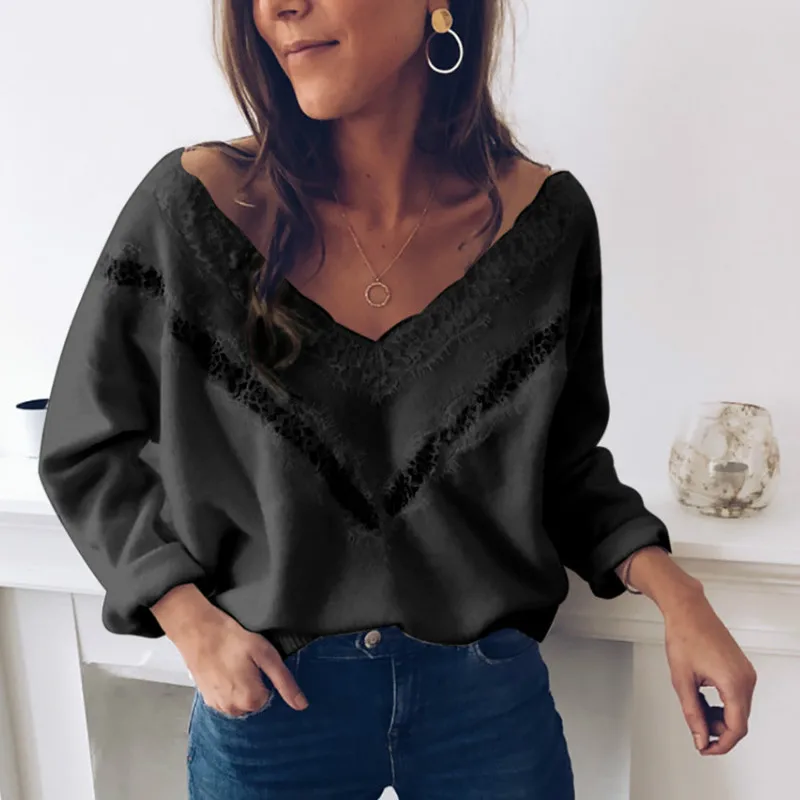 Женский свободный пуловер с V-образным вырезом длинным рукавом | Женская одежда