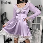 Пурпурное кружевное платье InsGoth Fairy Grunge, платье Tirm в эстетике с высокой талией, длинным рукавом, кукольным воротником, мини-платья Y2K, платье Goth Partyclub