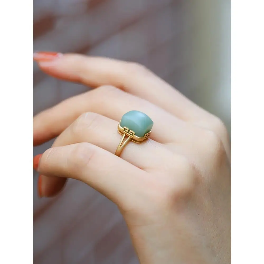 

S925 Sterling Silver Hetian Jade Ring Hetian Jade Pink Green Ring Gem Gold Inlaid Ring Female Gift New Product