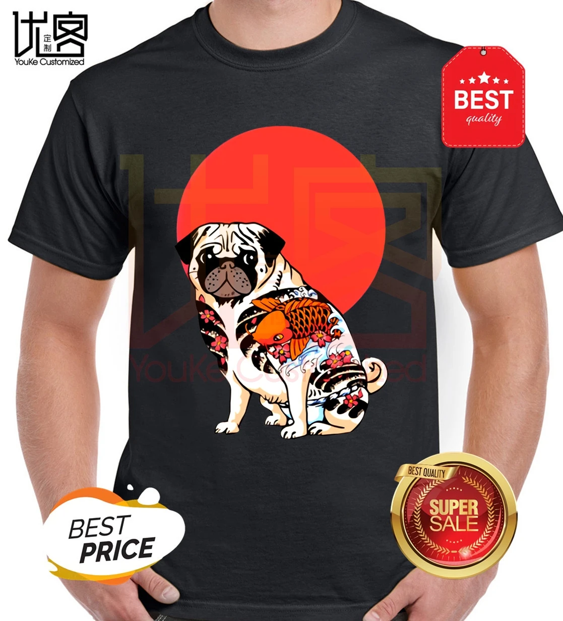Модные изображением мопса-якудзы Мужская футболка с коротким рукавом