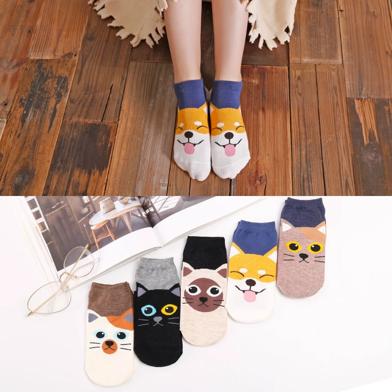 5Pairs/Lot Ankle Socks Summer Women Avocado Cute Cartoon Akita Dog Cotton Breathable Soft Kawaii Short Socks New Creative 35-43