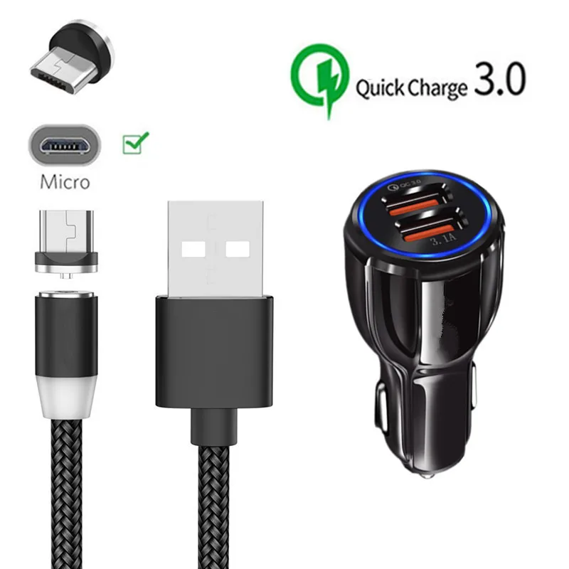Car charger 1M cable Для samsung galaxy A10 A6 A7 J3 J7 J4 huawei Y5 Y6 Y7 мобильного телефона QC 3,0 быстрое зарядное устройство для автомобиля Магнитный кабель Micro-USB - Тип штекера: Car charger 1M cable