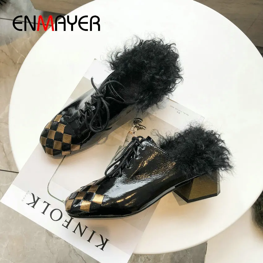 

Женские туфли на шнуровке ENMAYER, из лакированной кожи, с круглым носком, на высоком каблуке, размеры 34-42, 2019