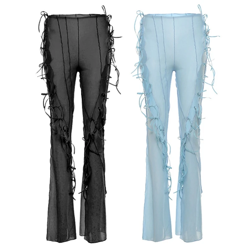 

X5XD Women Summer High Waist Skinny Long Pants Sexy Split Lace-Up Bandage Flare Hem Slim Trousers See-Through Mesh Beach Cover
