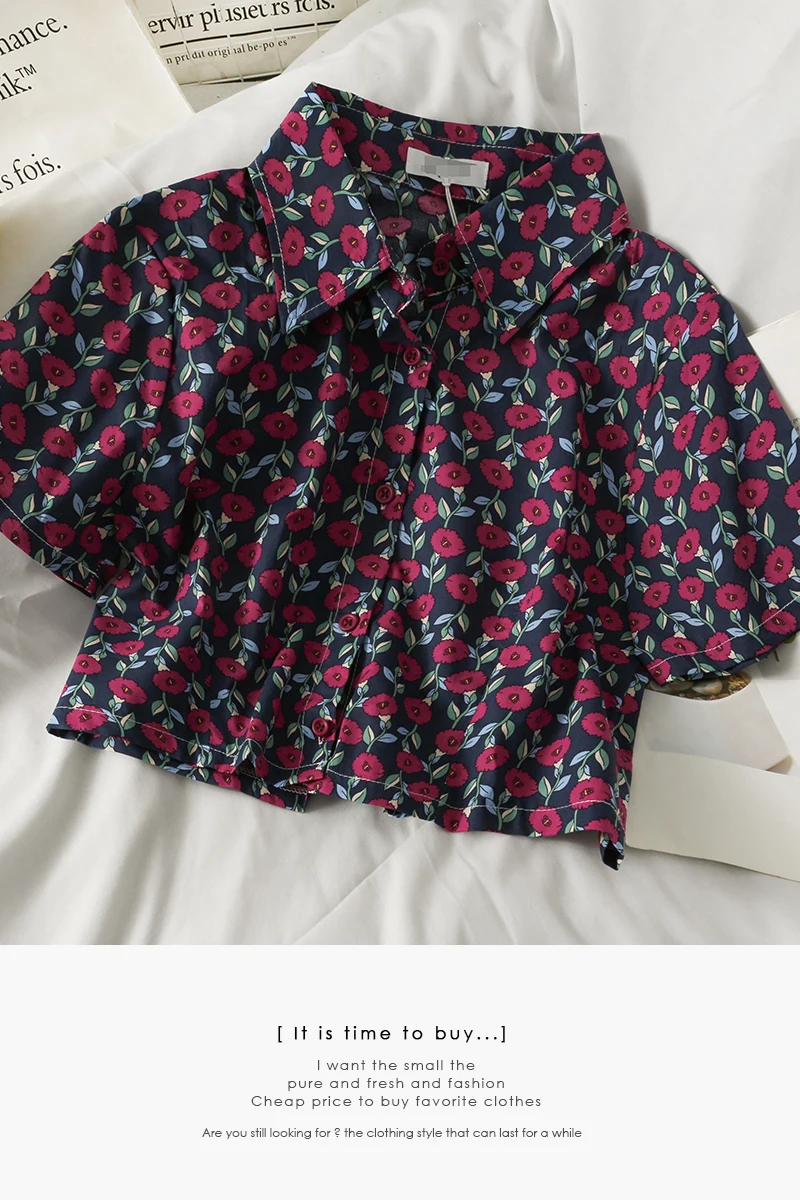 

Retro floral single breasted tops women summer short sleeve shirt fashion