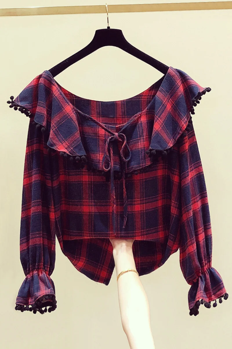 Женская рубашка в клетку Корейском стиле красная свободная клетчатая блузка с