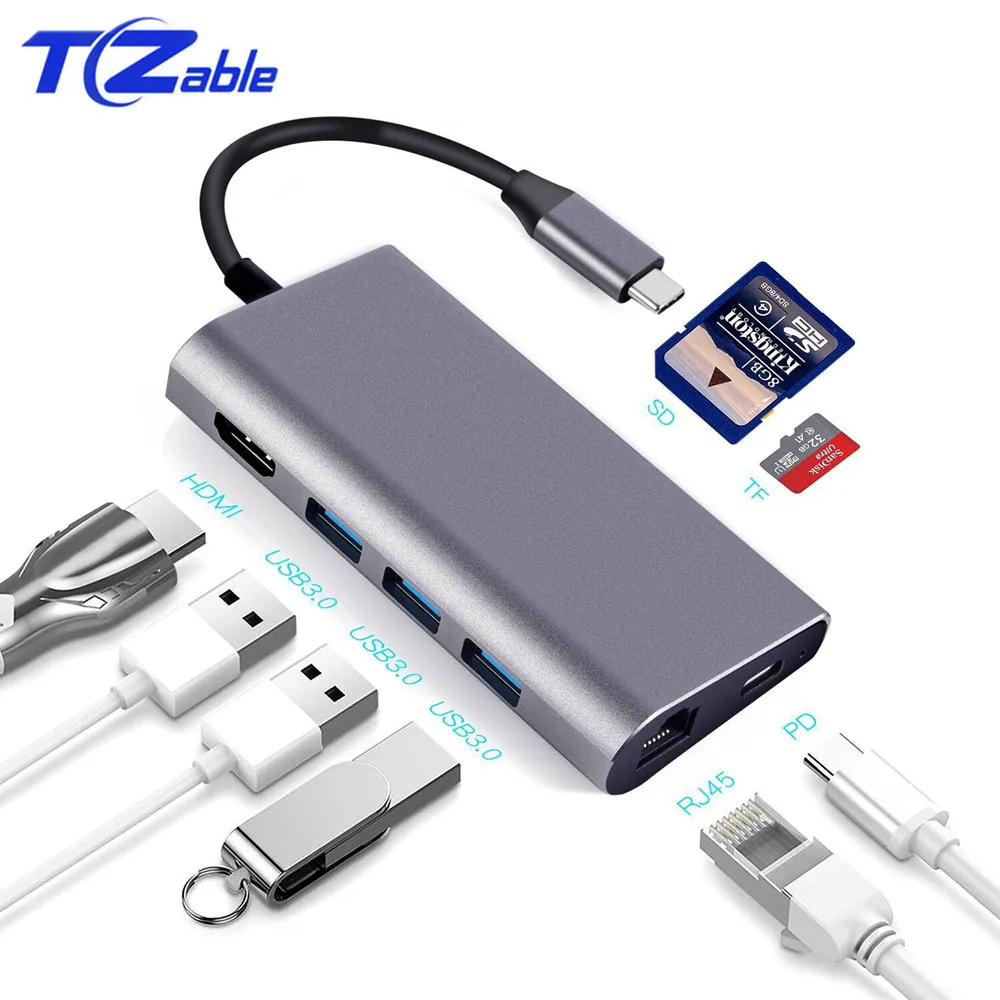 Док станция USB C 3 0 Тип алюминиевая многофункциональная HDMI/USB3.0/PD/RJ45/SD/TF|Адаптеры