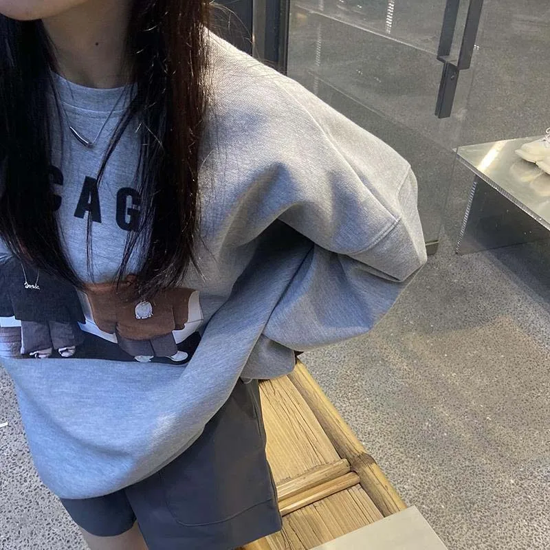 Осенне-зимние серые свитшоты женские повседневные свободные оверсайз с рисунком