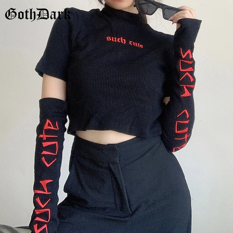 Готические футболки Goth Dark с вышитыми буквами черная водолазка рукавами