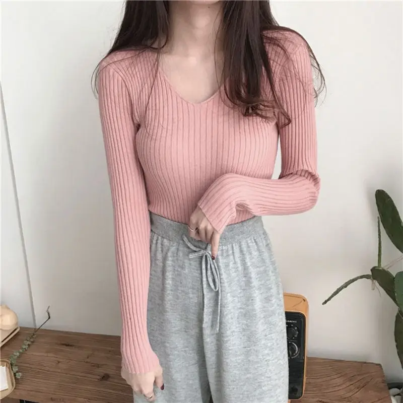 Women Basic V-Neck Sweater Solid Color Ribbed Knit Striped Pullover Jumper Tops | Женская одежда
