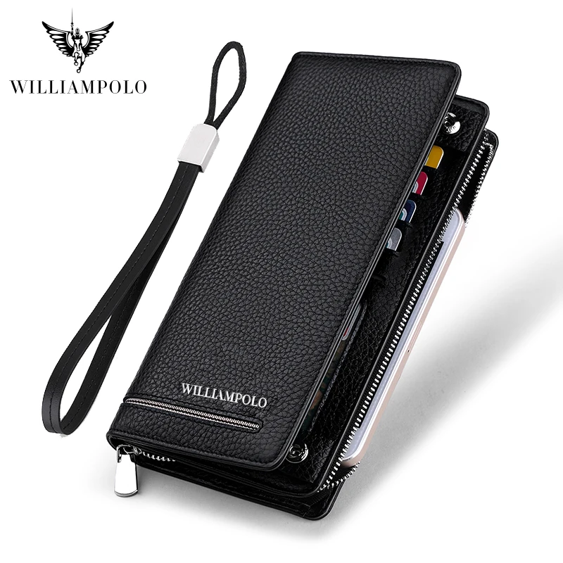 Роскошные Брендовые мужские кожаные кошельки Williampolo на молнии длинный мужской