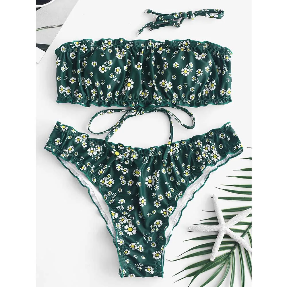 Medium Sea Green ZAFUL ромашки Печати салат на шнуровке бикини комплект без бретелек с открытыми плечами бандо Бикини Купальники для женщин сексуальный купальник - Цвет: Medium Sea Green