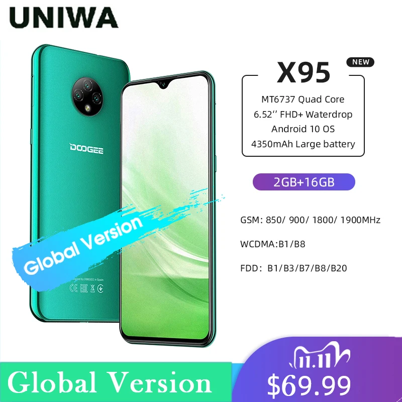 Мобильный телефон DOOGEE X95 4G LTE Android 10 экран 6 52 дюйма тройная камера 13 МП 2 Гб ОЗУ 16 ПЗУ
