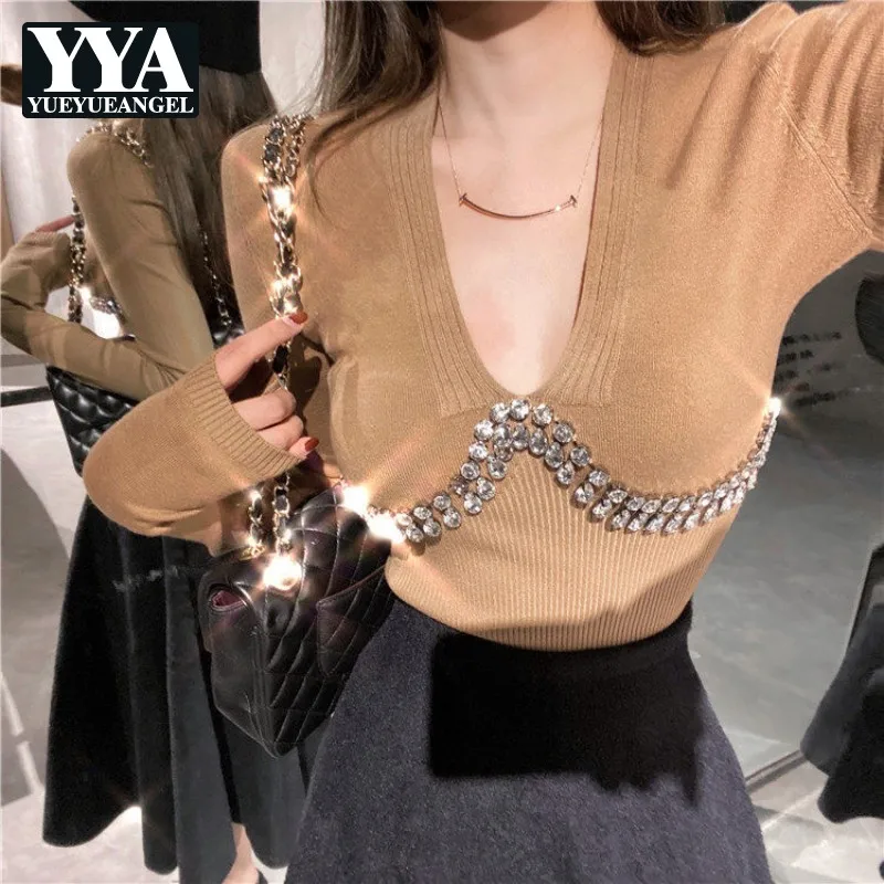 

Women Khaki Chains V-Neck Knitting Tops T-Shirt Sexy Streetwear Diamonds Slim Long Sleeve T Shirts Autumn New Pullover Tops
