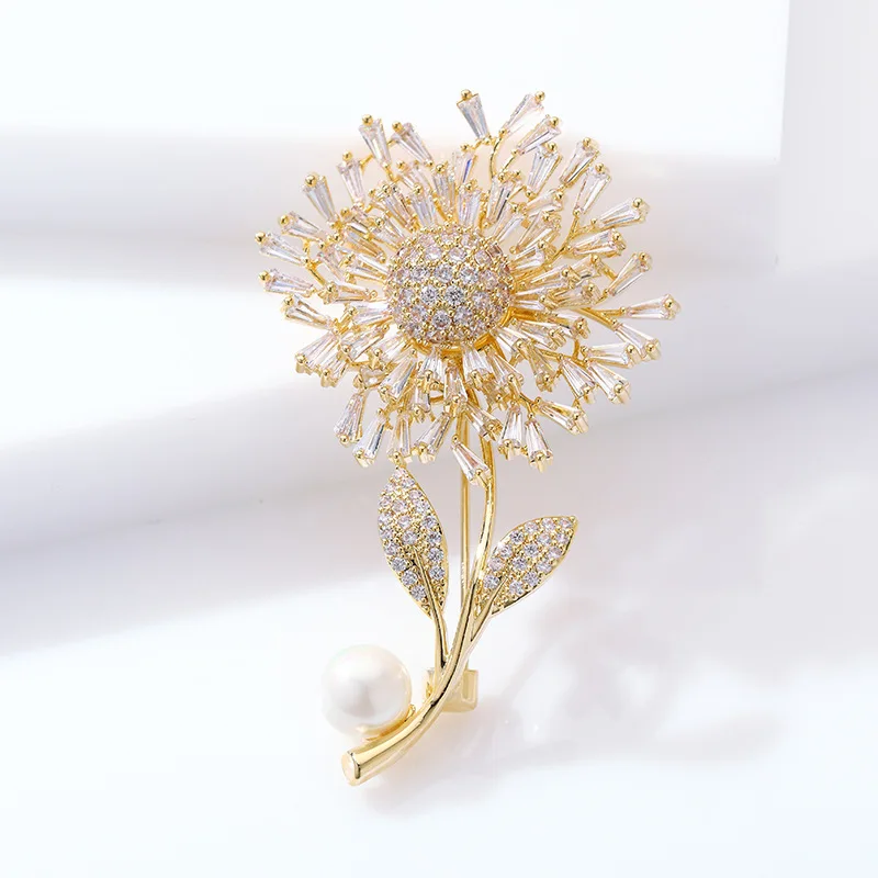 

Luxury Zircon Sunflower Corsage Brooches Ladies Personality Atmosphere Copper-plated Plant Brooch Wholesale