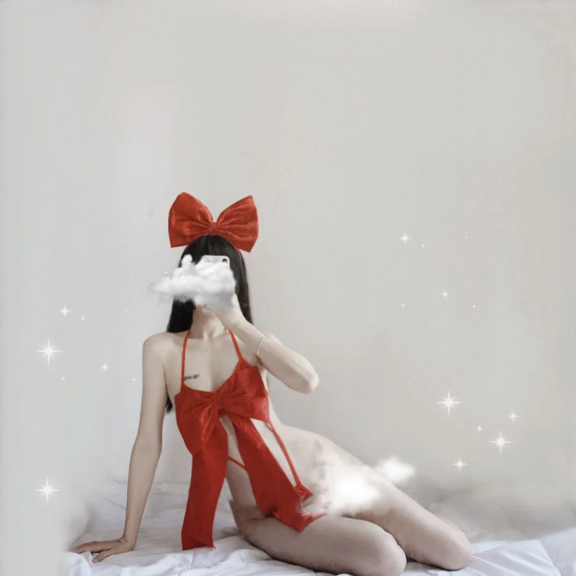 

Women Red Bow Sexy Lingerie Micro Bikini Apparel G-string Christmas Gift Babydoll Exotic Set Open Crotch Underwear