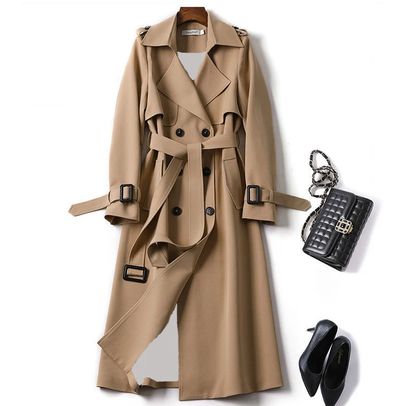 

Nice Autumn Winter Pop Arrival Womens Long Coat Female Double Brasted Slim Windbreaker Korean Belted Trench Coat Ladies Outwear