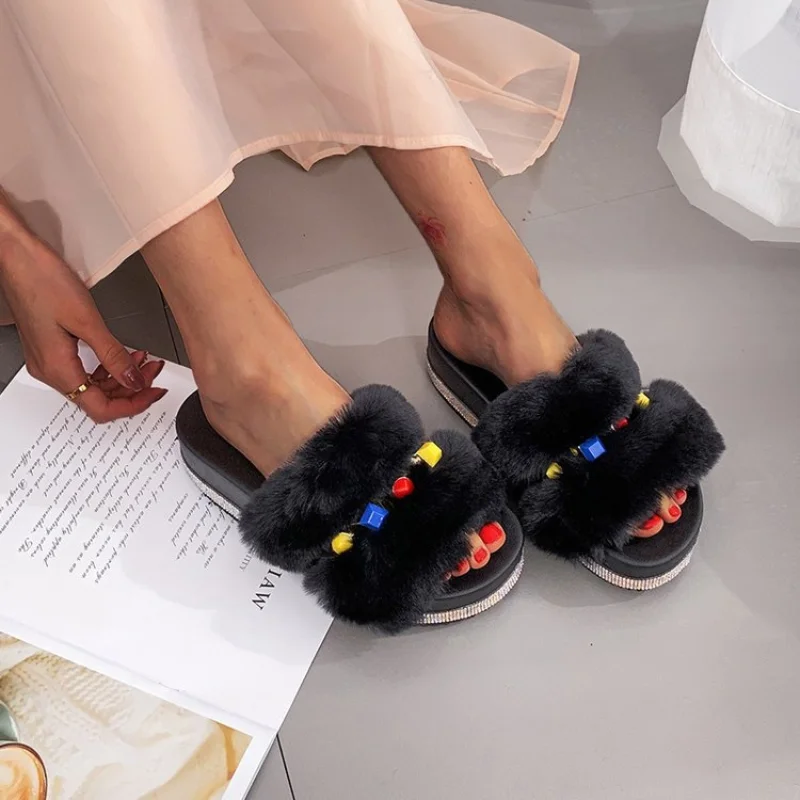 

2021 Women's Sandals Plush Slippers, Outer Wear Rhinestone Platform Sandals and Slippers, Large Size 35-43 Plush Slippers Shoes