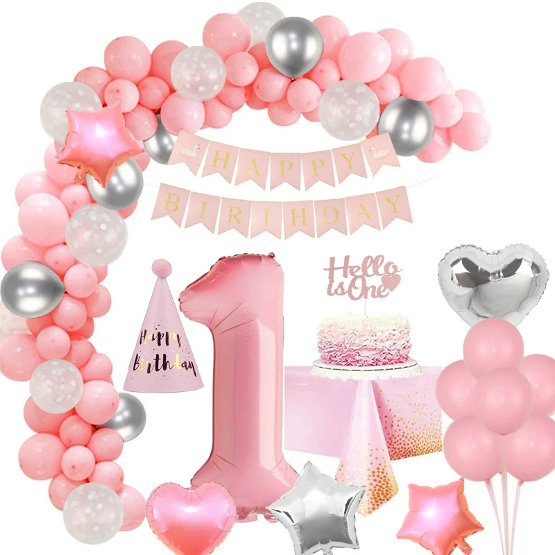 

SHZQ 44 шт./компл. розовая гирлянда с воздушными Шарами на первый день рождения для девочек баннер торт Топпер скатерть шляпа украшение на 1-й де...