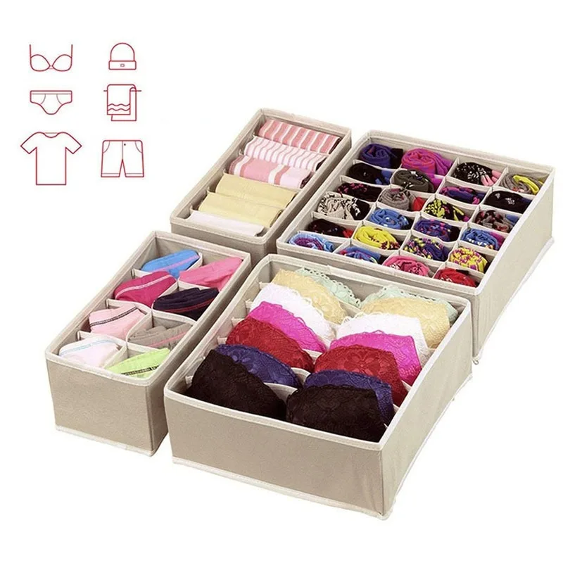 

Hot Sale Solid Color Underwear Storage Box Four-piece Set Foldable Sock Storage Box Cloth Bra Storage Finishing Box Storage Box