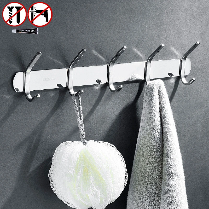 

Stainless Steel Coat Hooks Kitchen Row Hook Clothes Hanger Bathroom Toilet Free Punch Wall Hanging Holder