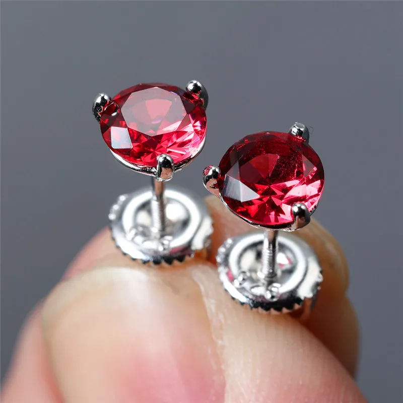 

Charm Female 6/7/8mm Red Gemstone Earrings Real 925 Sterling Silver Earrings For Women Small Screw Stud Earrings